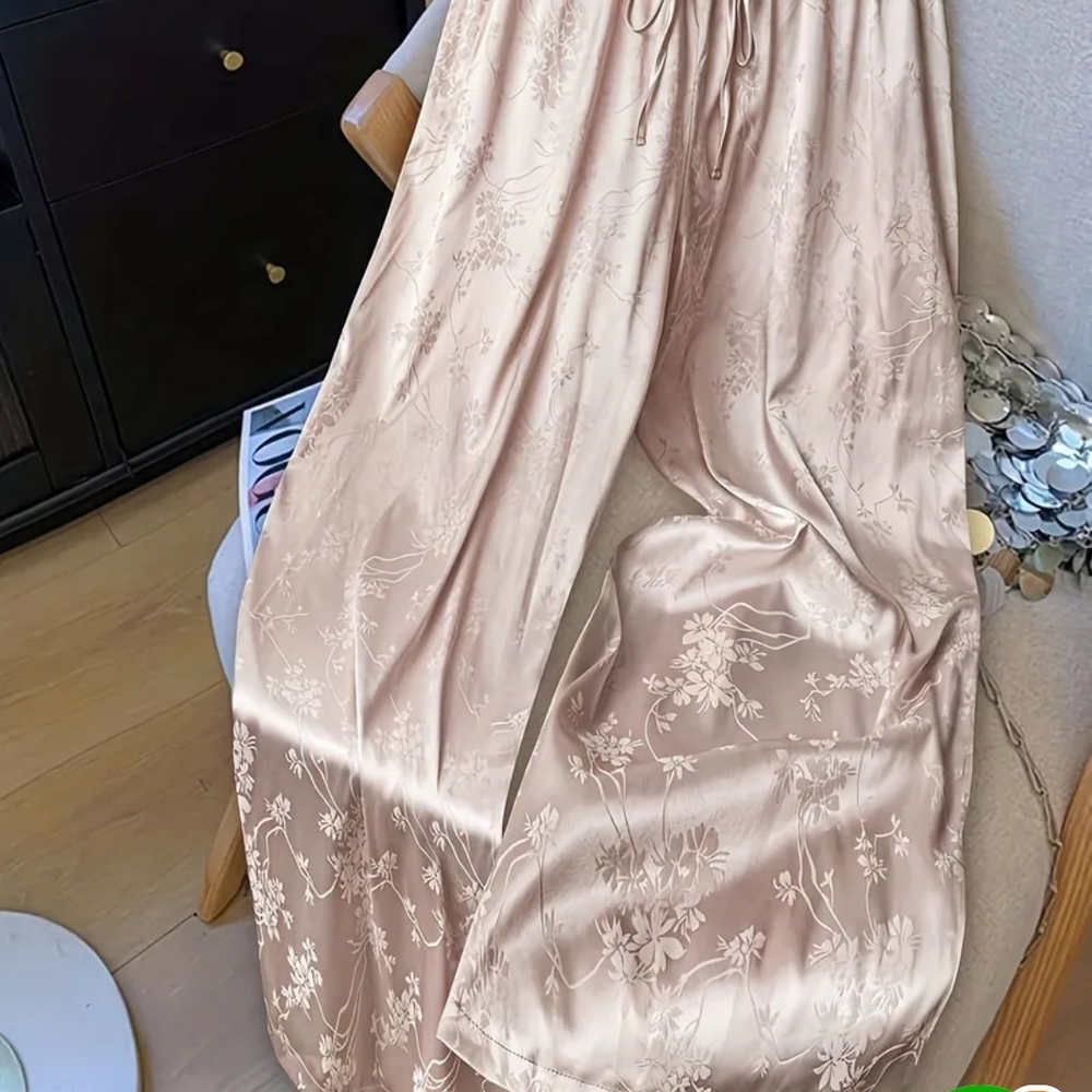 Elegant Floral Satin Wide-Leg Pants